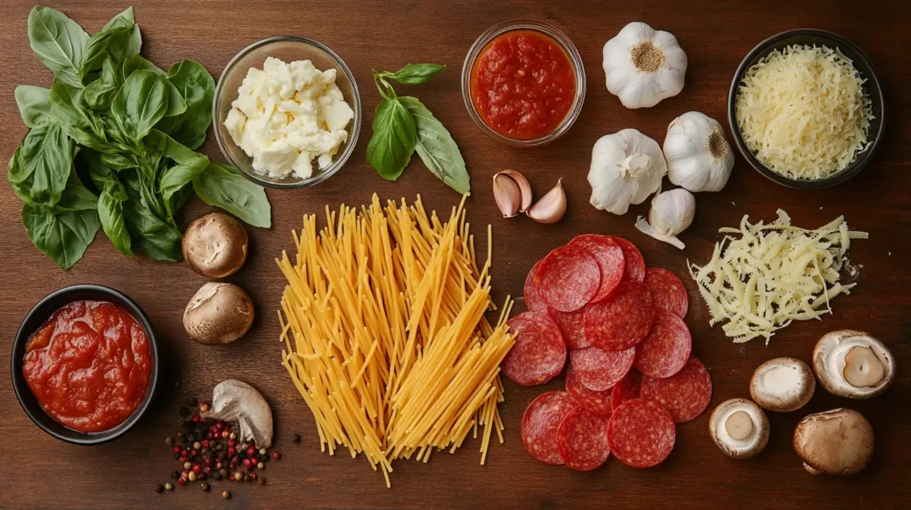 Pizza pasta ingredients laid out on a table
