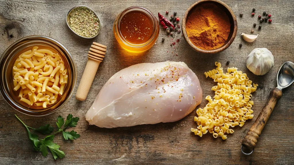 Ingredients for honey chicken and mac and cheese1
