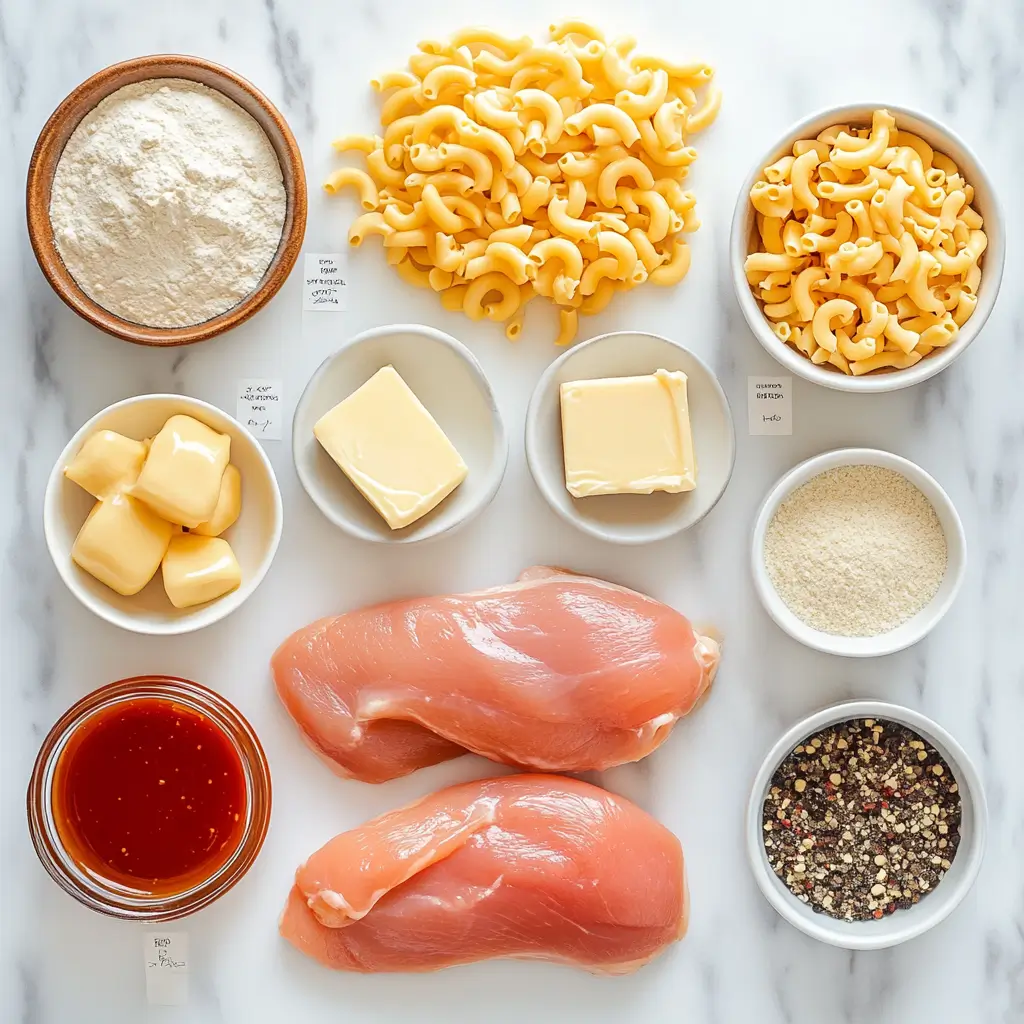 All ingredients for honey buffalo chicken and mac and cheese laid out on a marble surface