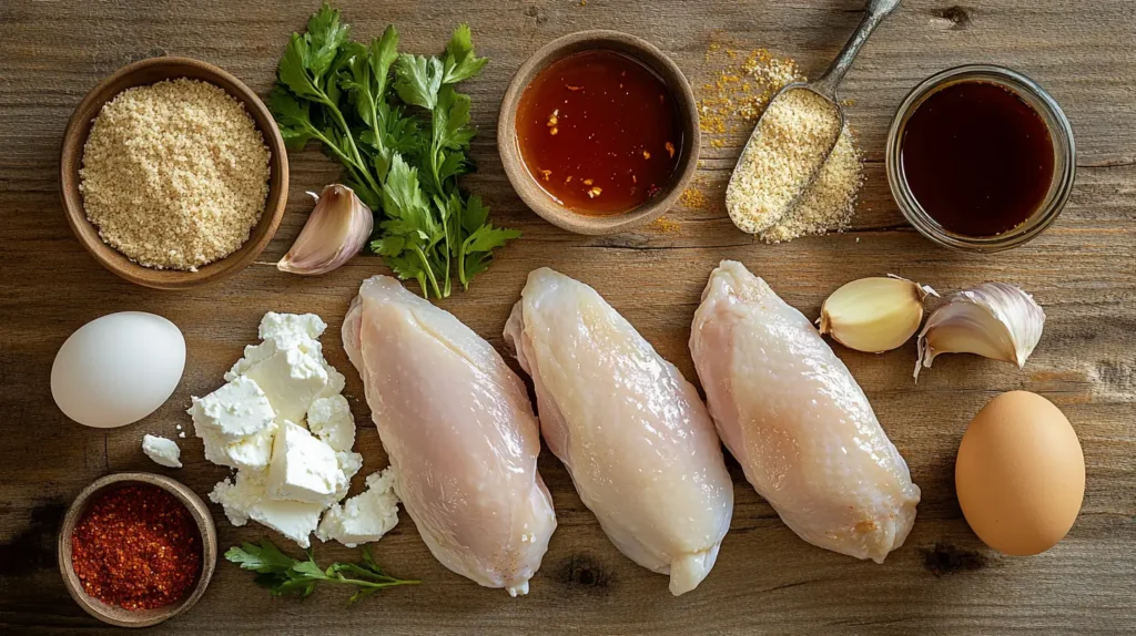 Ingredients for crispy hot honey feta chicken