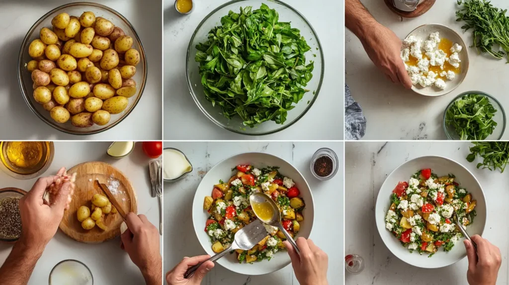 Step-by-step process of making vegetarian feta potato salad