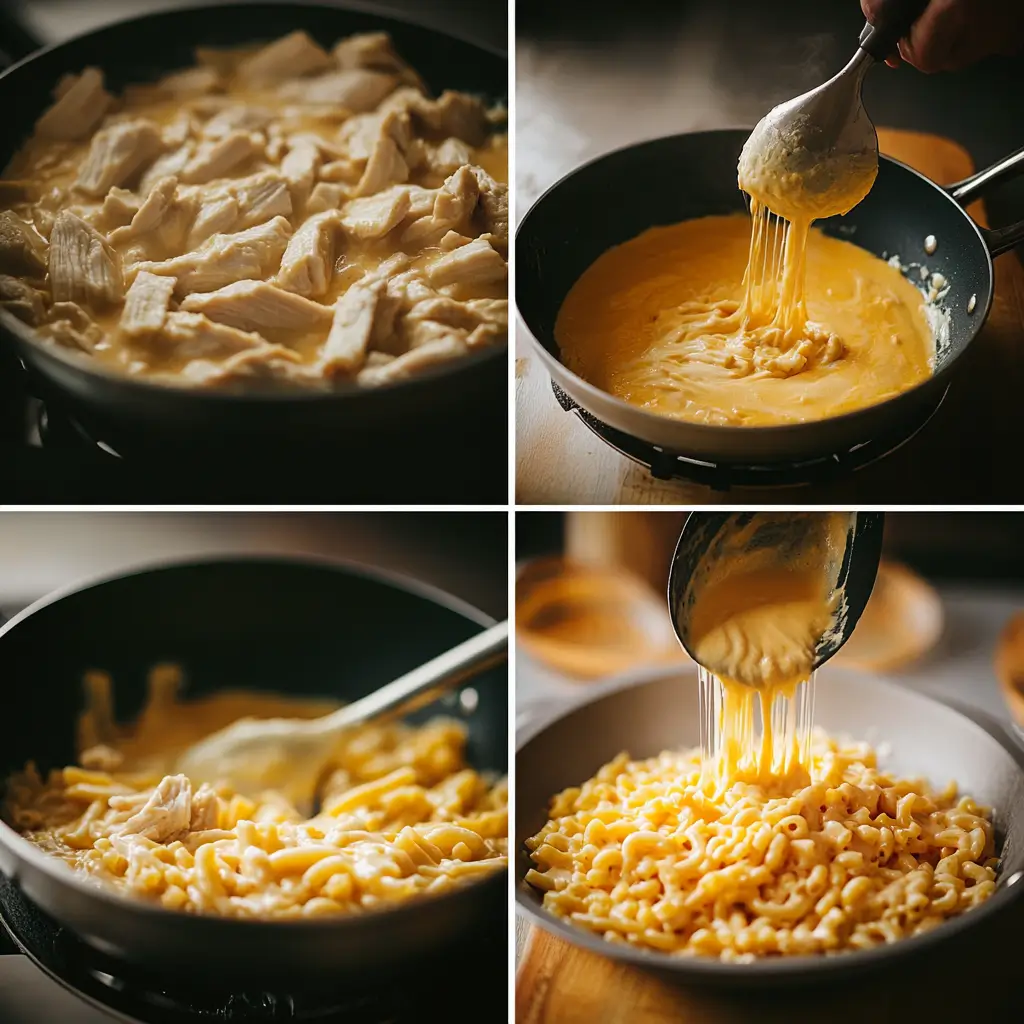 Step-by-step process of making honey buffalo chicken and mac and cheese