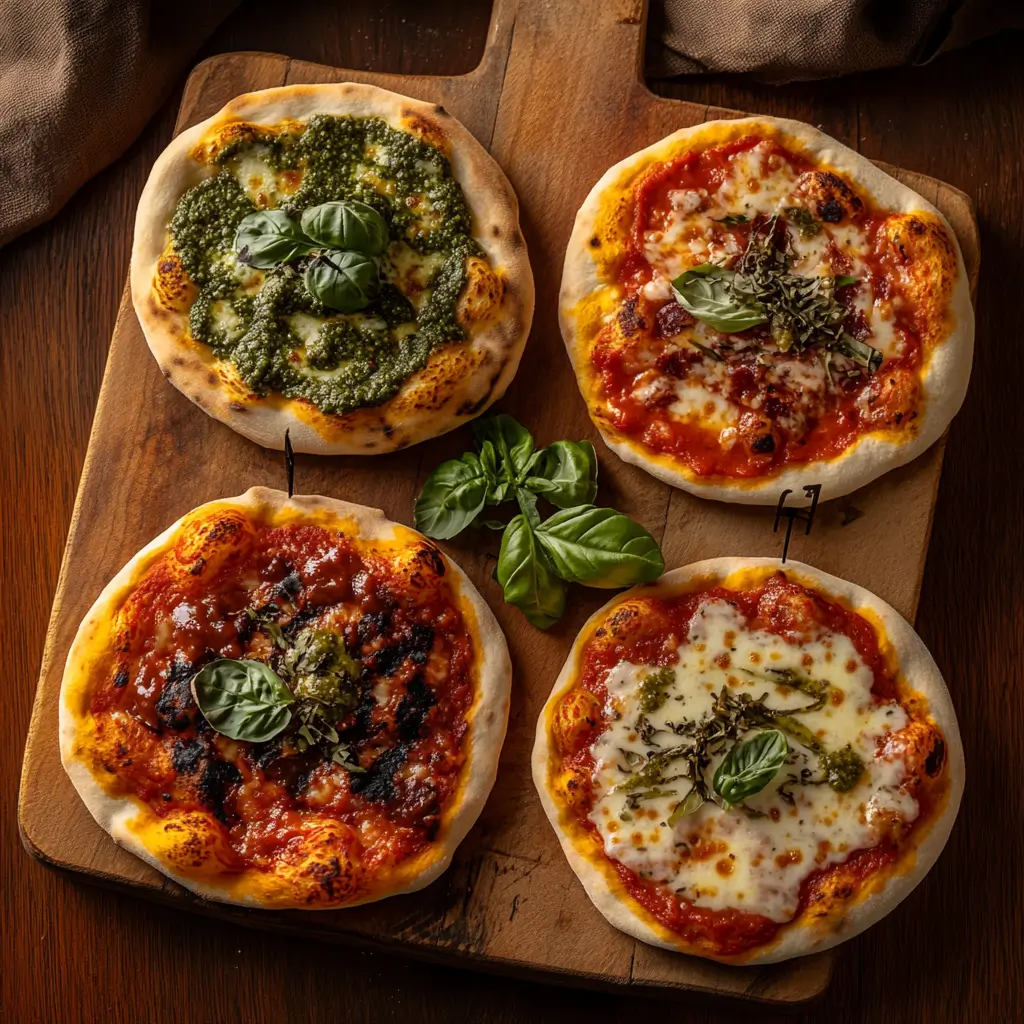 Mini pizzas showing sauce variations including tomato paste, pesto, and BBQ
