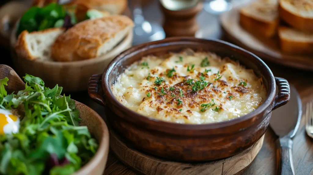 Hash brown soup served with garlic bread and salad