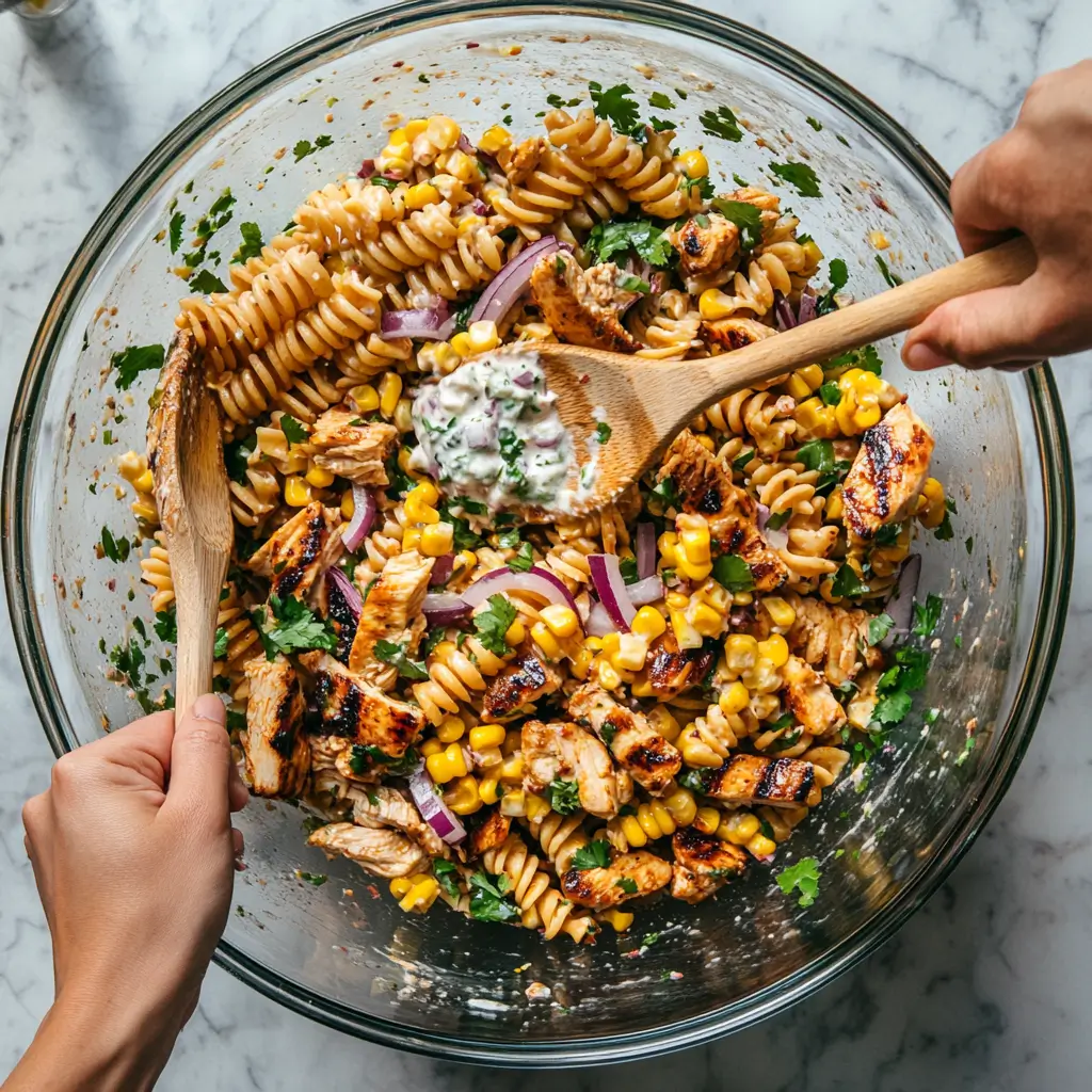 Mixing Mexican street corn chicken pasta salad with creamy chipotle dressing