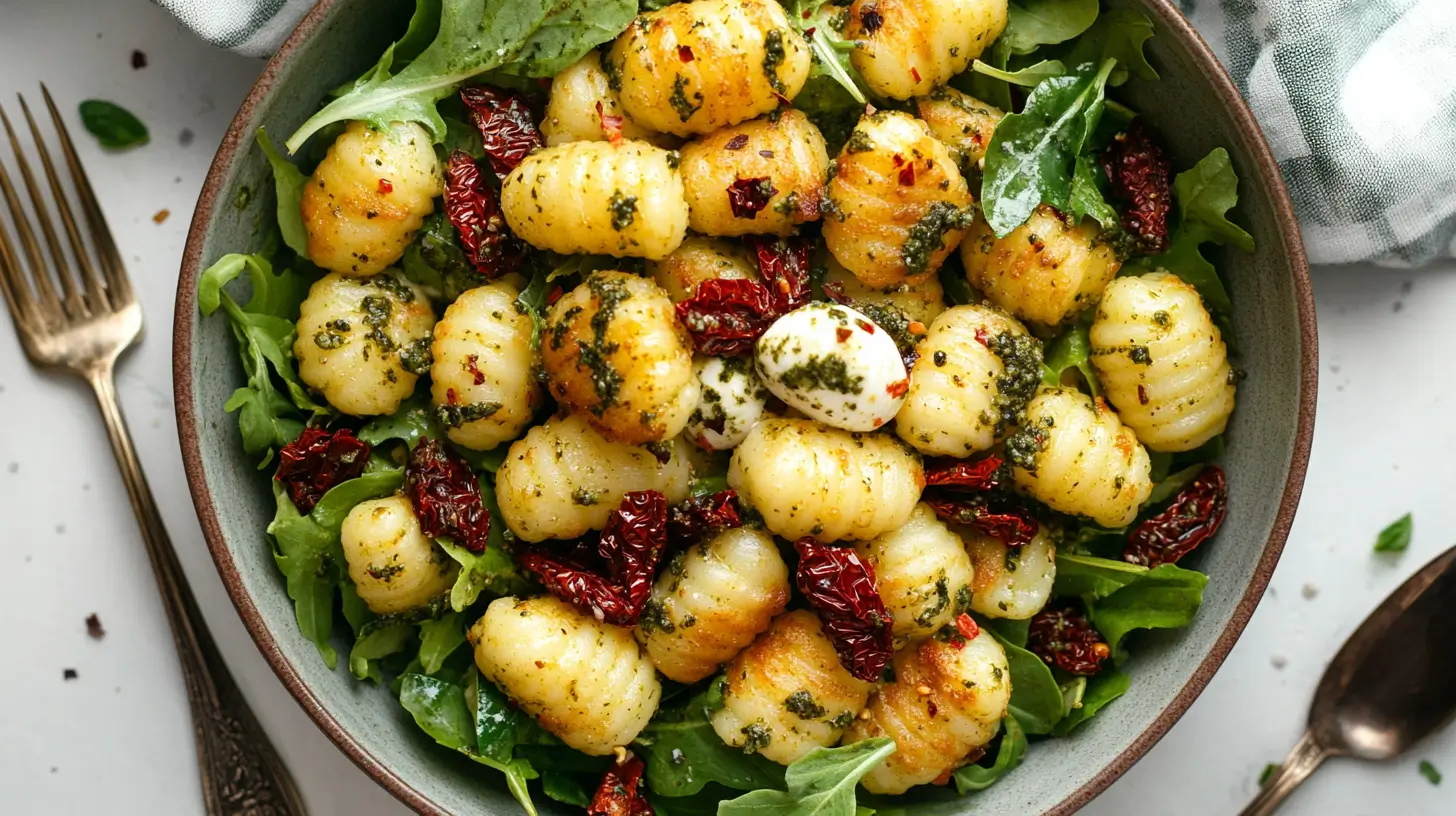 Air Fryer Gnocchi Salad with pesto dressing