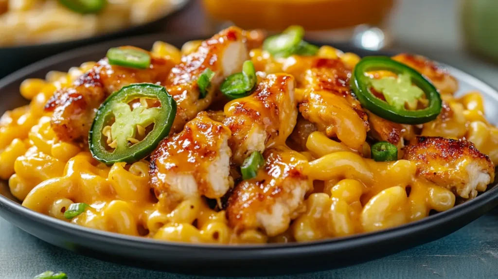 Spicy hot honey chicken mac with jalapeños