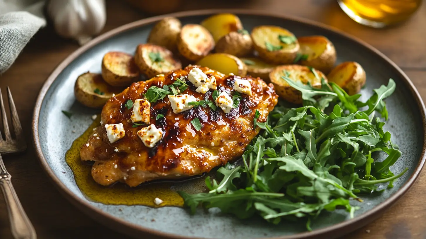 Crispy Hot Honey Feta Chicken with arugula and potatoes