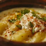 Bowl of cheese broth with potatoes and elote topped with cheese