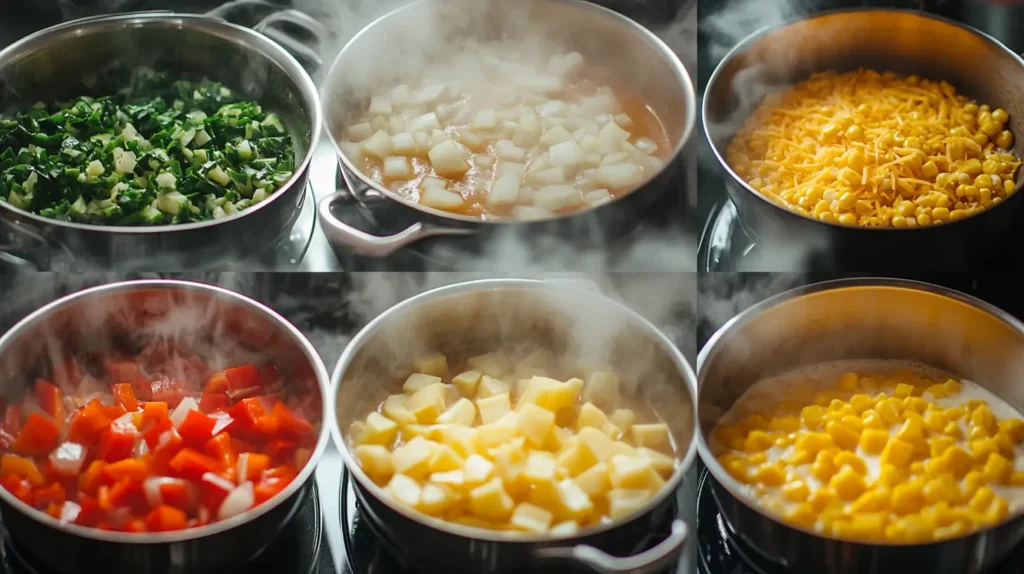 Step-by-step cooking process for cheese broth with potatoes and elote