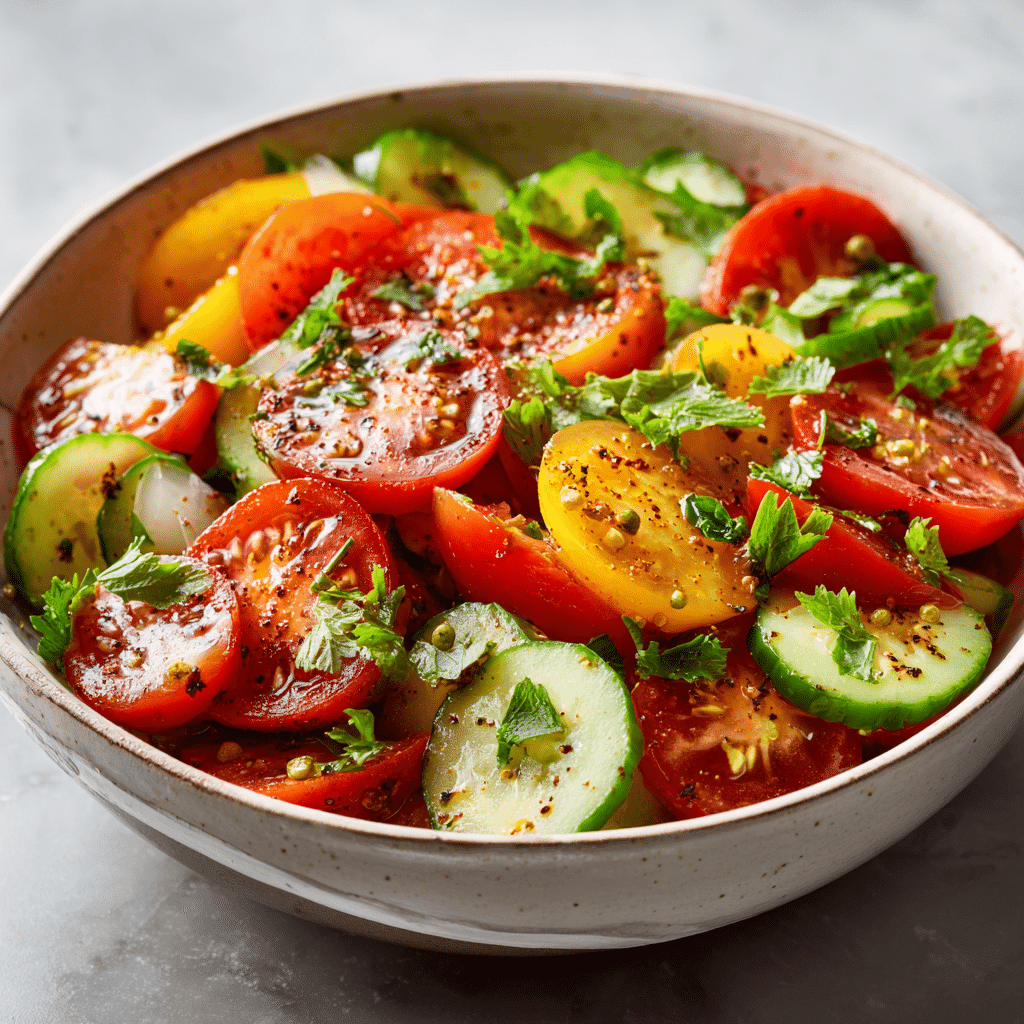 Chopped tomatoes and cucumbers in bowl