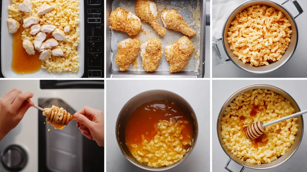 Cooking honey chicken and mac and cheese process
