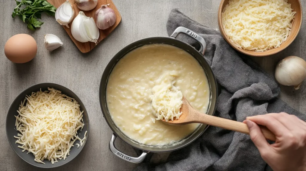 Step-by-step process of making hash brown soup