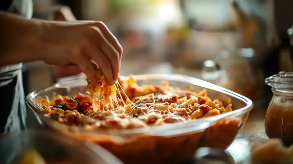 Step-by-step preparation of pizza pasta in a kitchen