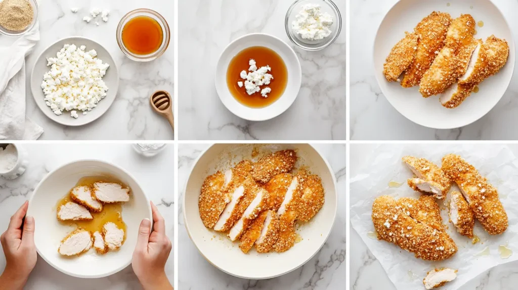 Step-by-step crispy hot honey feta chicken preparation