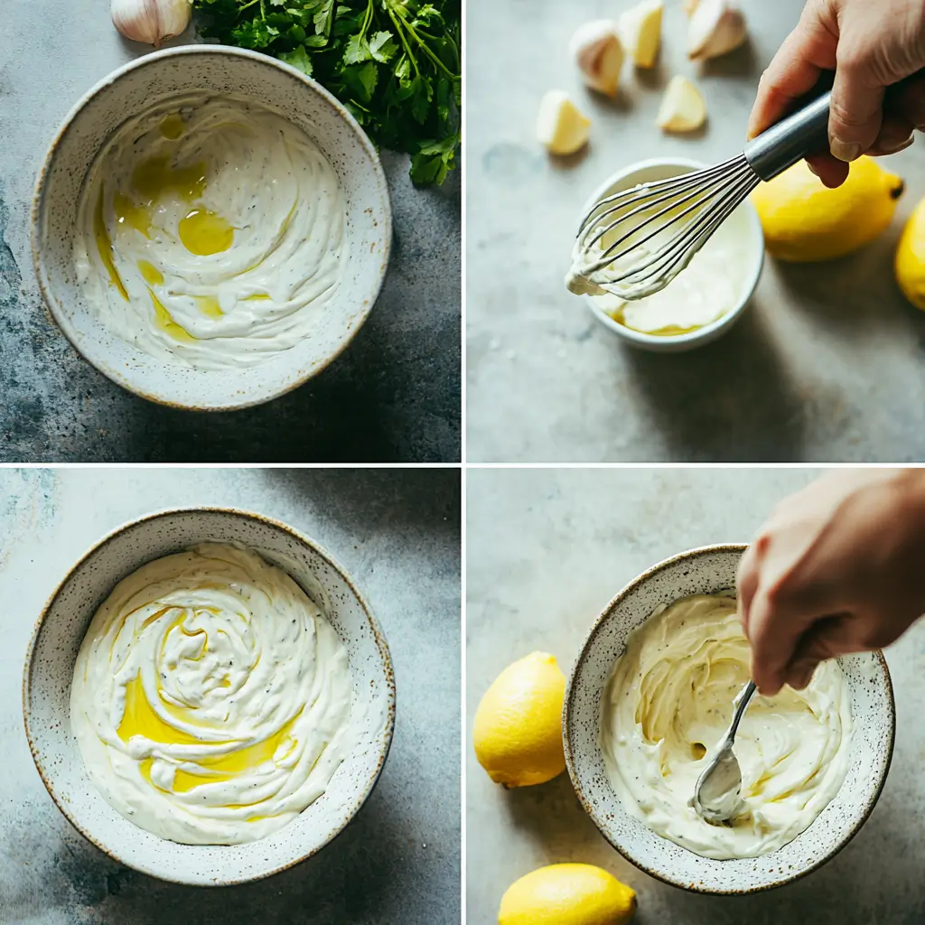 Whisking egg-free Caesar dressing in a mixing bowl with step-by-step process