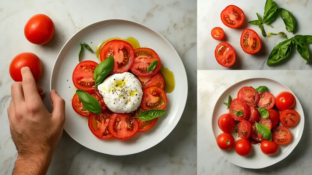 Step-by-step making of a simple burrata salad