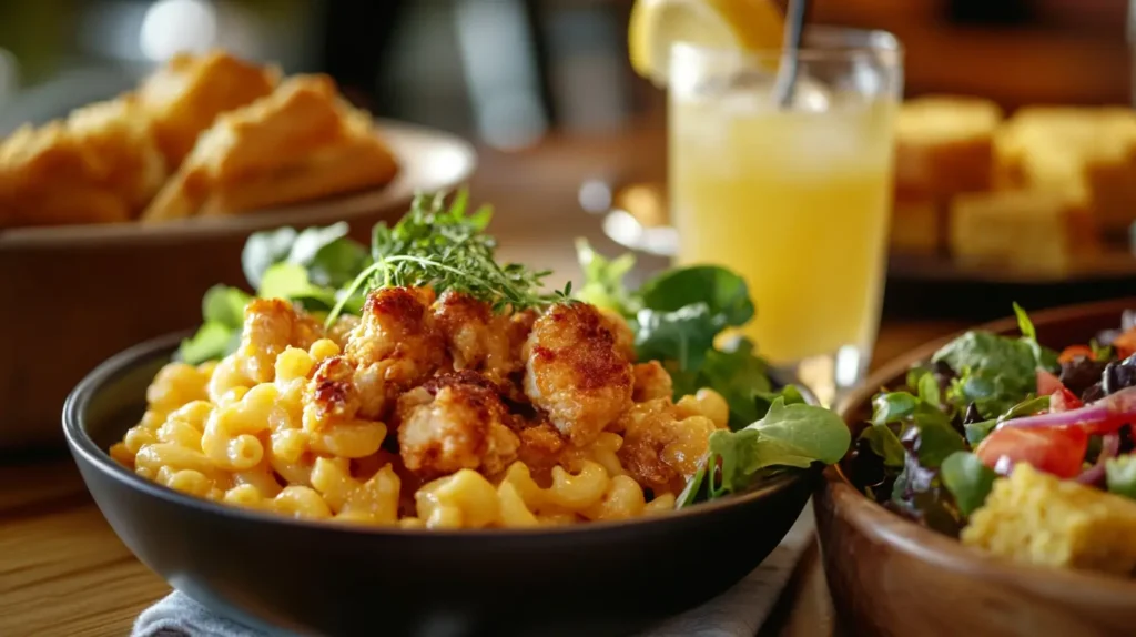Complete dinner setting with honey chicken and sides