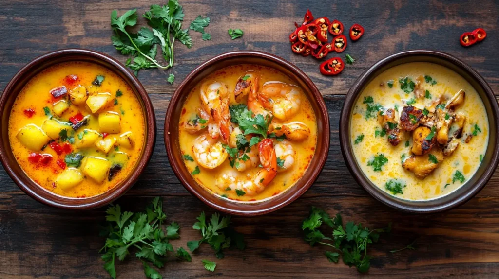 Bowls of cheese broth with different protein variations