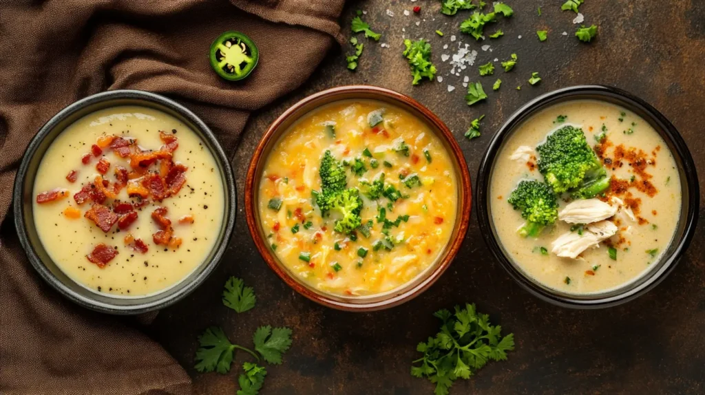 Three variations of hash brown soup in bowls