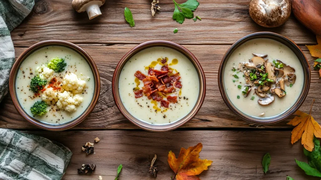 Three bowls of chicken broccoli cheese soup with different toppings: crispy bacon, sautéed mushrooms, and cauliflower.