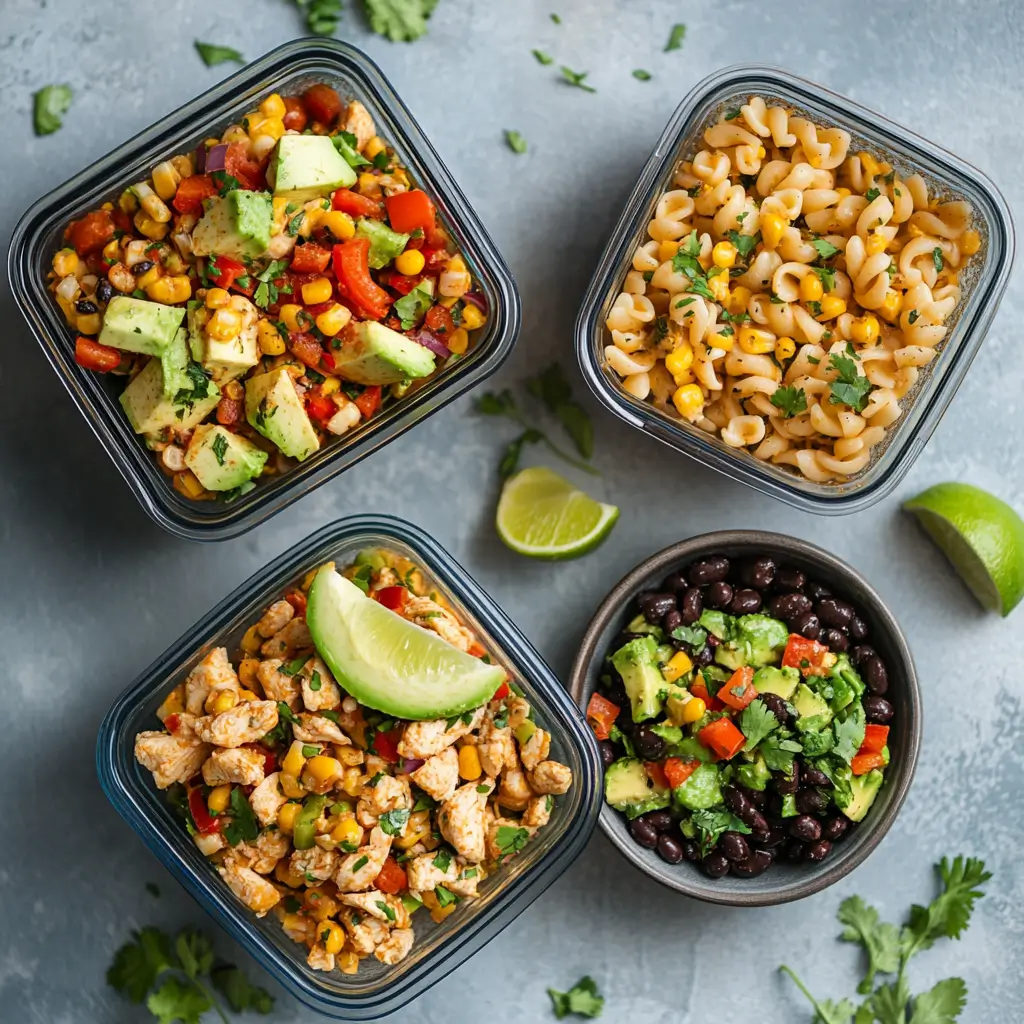 Three variations of Mexican street corn chicken pasta salad: meal prep, side dish, and vegetarian
