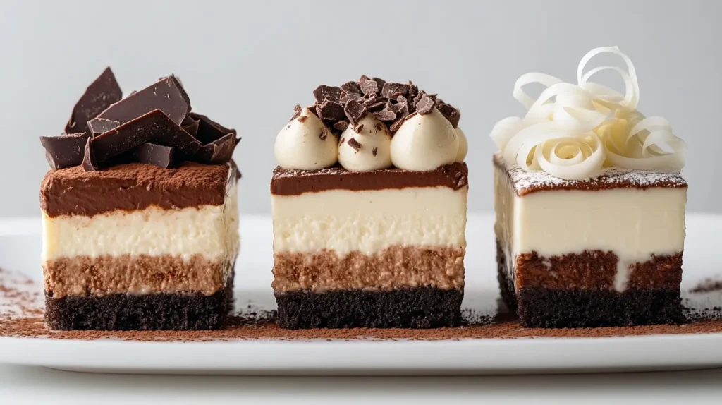 Three types of chocolate tiramisu plated