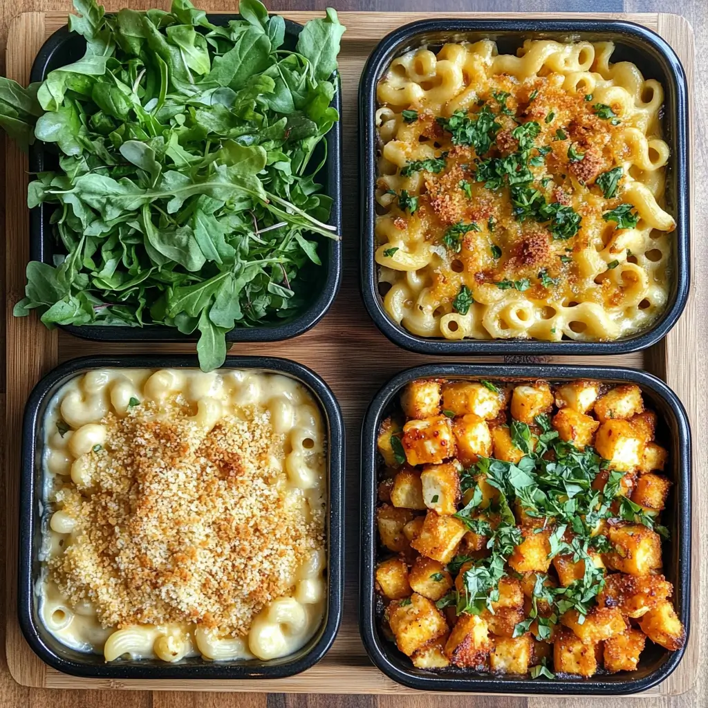 Three variations of honey buffalo chicken and mac and cheese in different serving styles