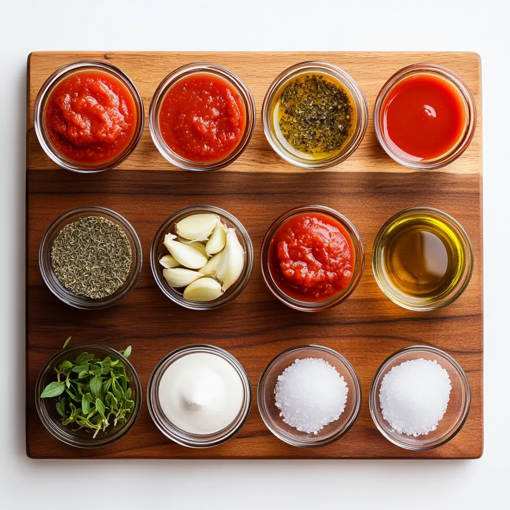 Ingredients laid out for pizza sauce using tomato paste, herbs, and oil