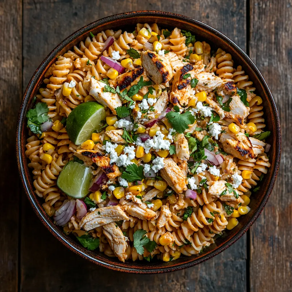 Featured image of Mexican street corn chicken pasta salad in a ceramic bowl