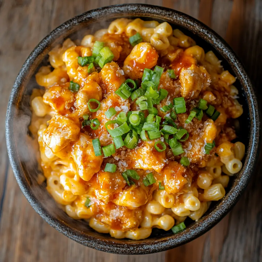 A warm bowl of honey buffalo chicken and mac and cheese topped with green onions on a rustic wood table
