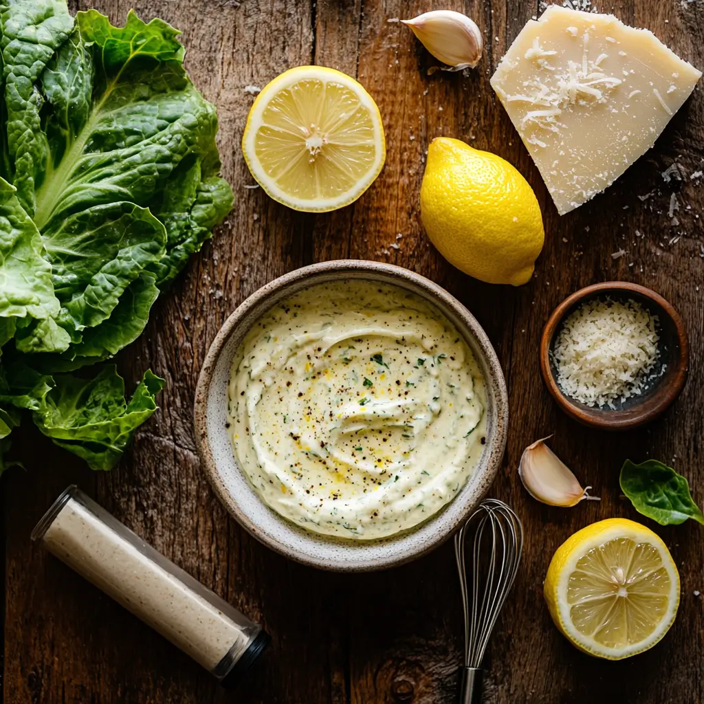 Bowl of egg-free Caesar salad dressing with fresh ingredients on wooden table