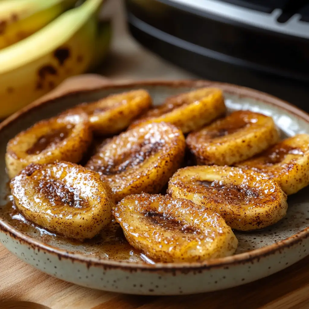 Caramelized bananas cooked in an air fryer, served on a ceramic plate