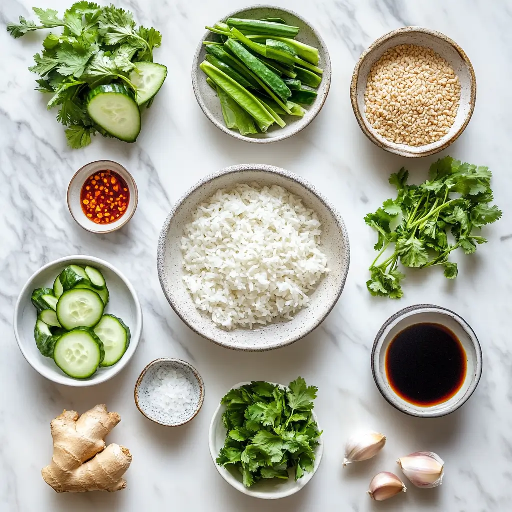 Flat lay of ingredients for crispy rice salad including herbs, lime, and rice