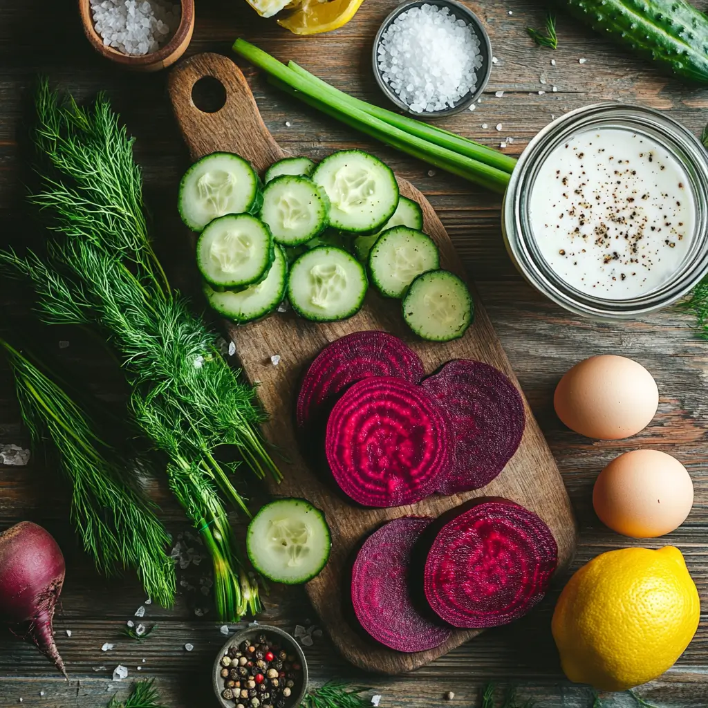 Fresh ingredients for making cold beet soup, including beets, cucumbers, kefir, dill, and eggs