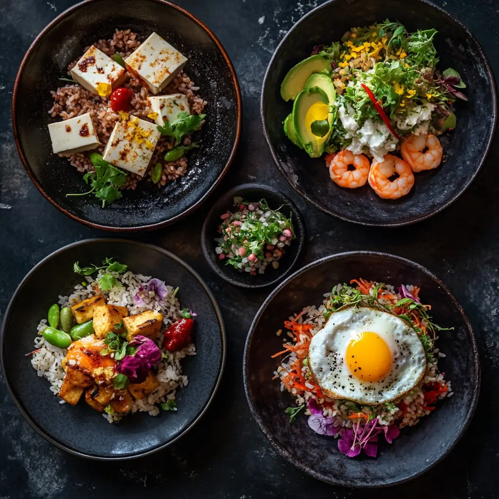 Four variations of crispy rice salad with tofu, shrimp, egg, and avocado