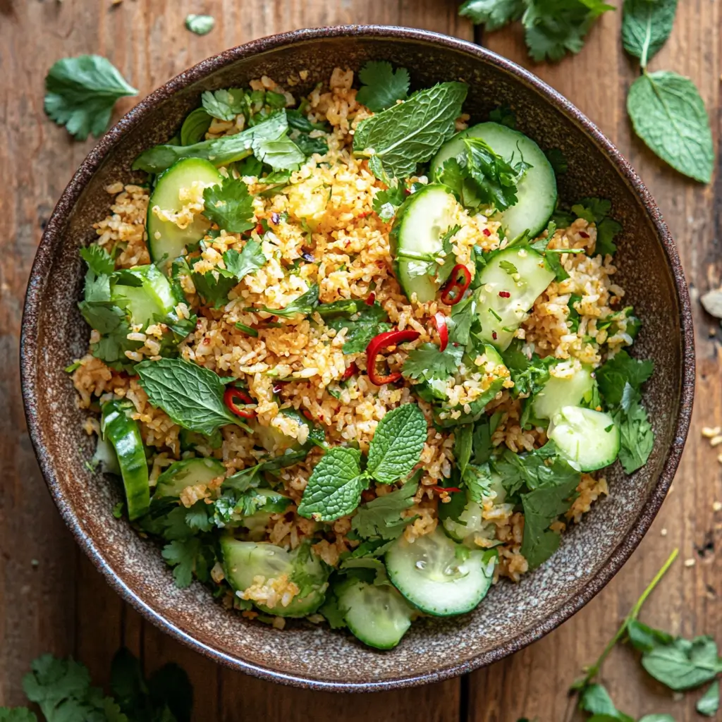 Overhead shot of crispy rice salad with herbs, chili, and lime