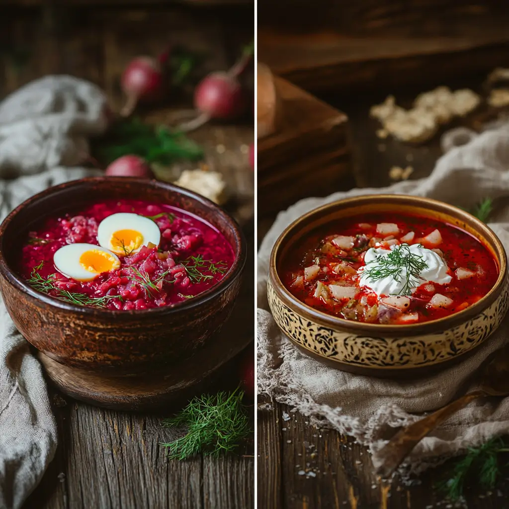 Visual comparison of cold beet soup with dill and Ukrainian borscht with sour cream