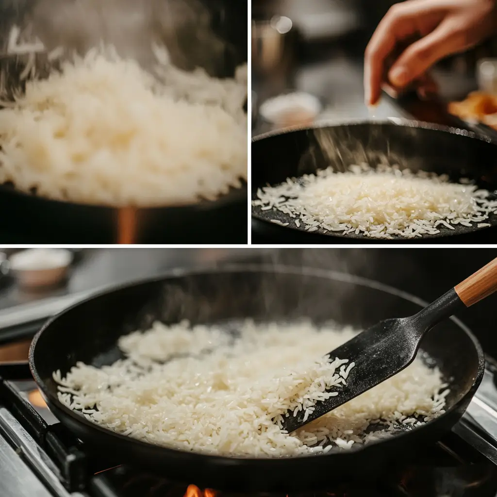 Step-by-step crispy rice preparation in skillet with golden texture