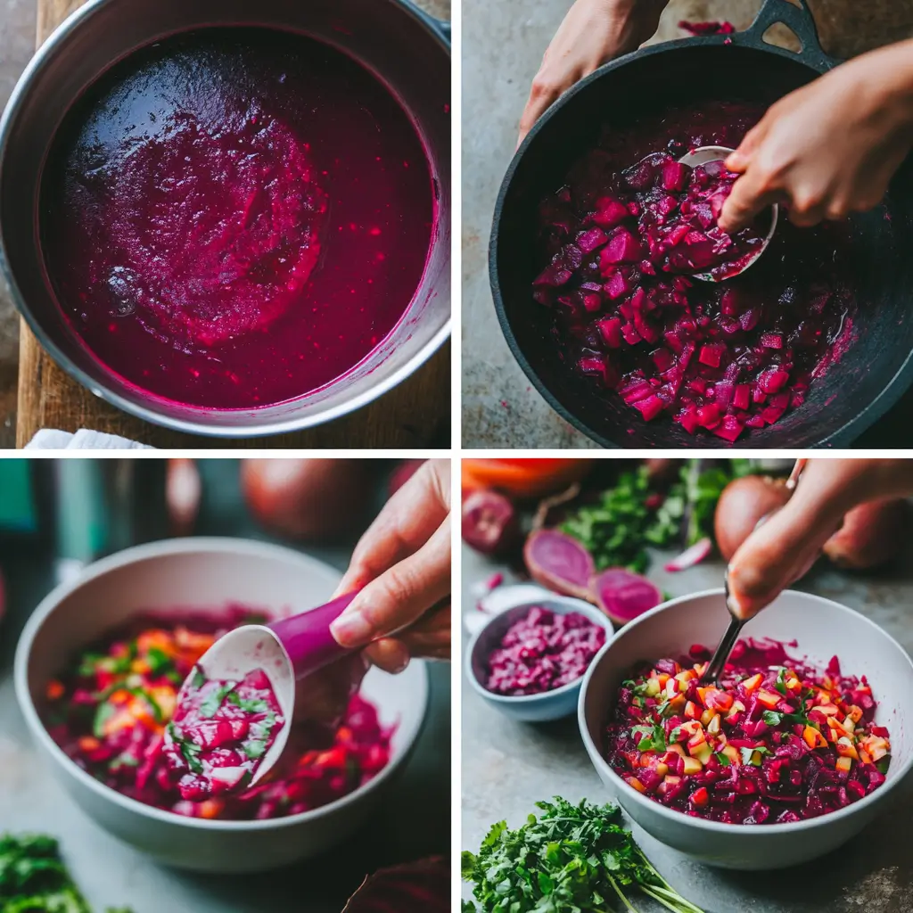 Collage showing the process of cooking beets, mixing with kefir, and serving cold beet soup