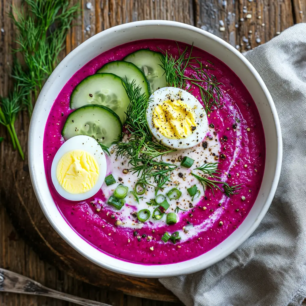 Overhead photo of cold beet soup garnished with dill, cucumber, and boiled egg in a white bowl