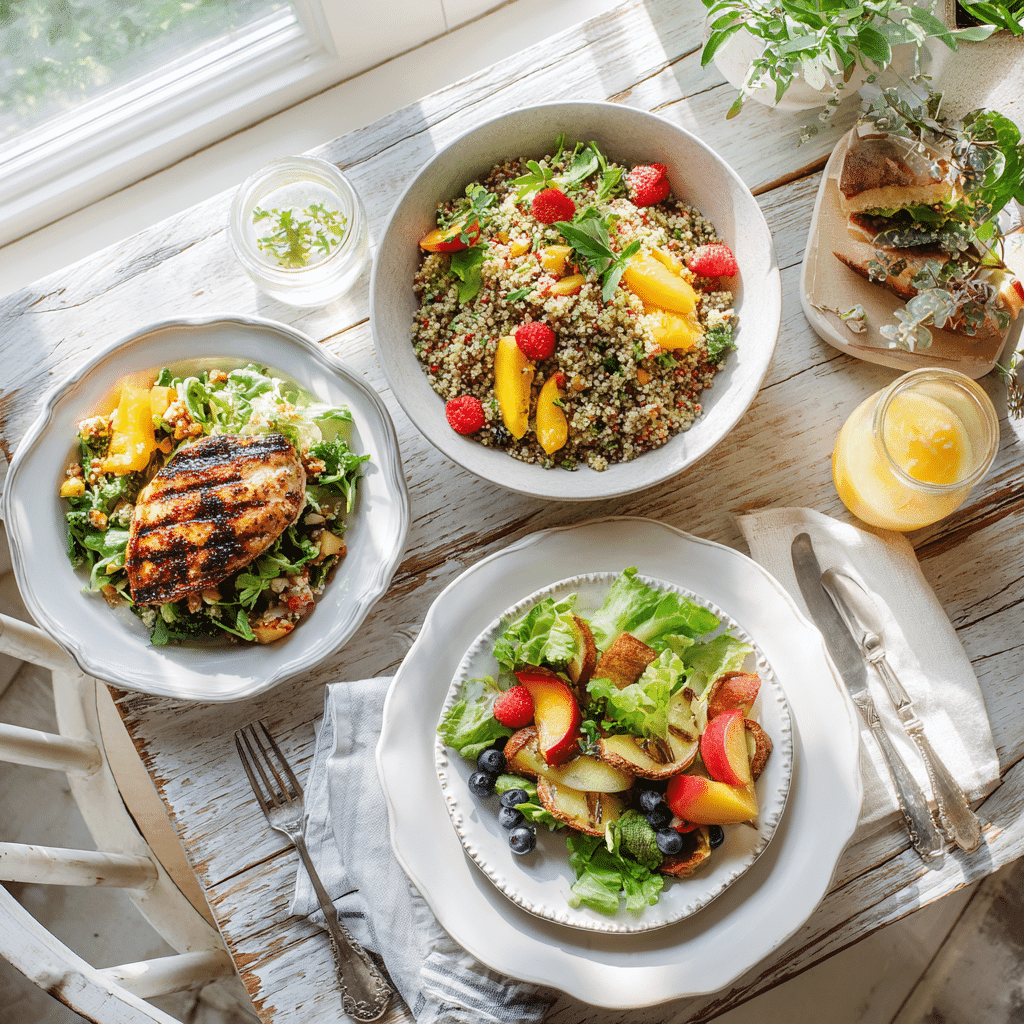 Gluten free meal plan for weight loss with colorful healthy dishes