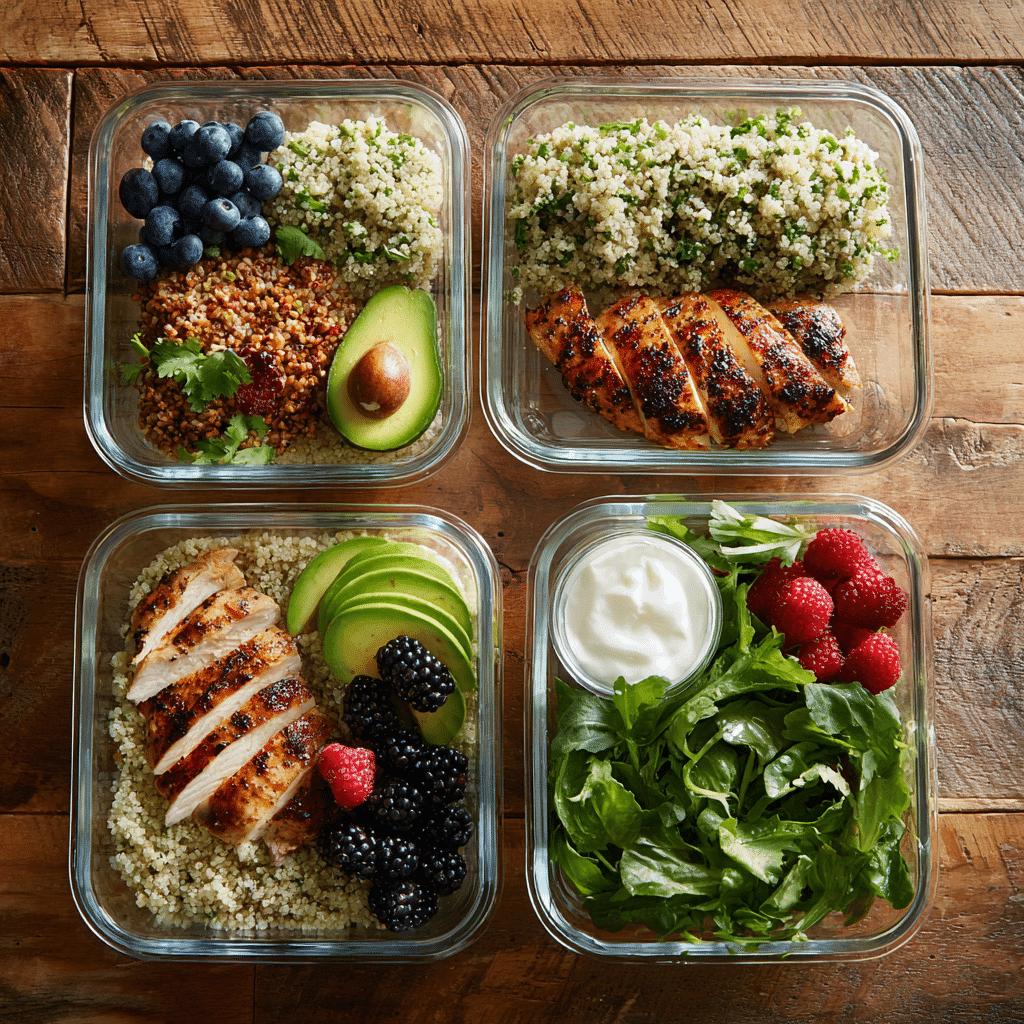 Healthy 1500 calorie meal prep featuring chicken, greens, and fresh fruits