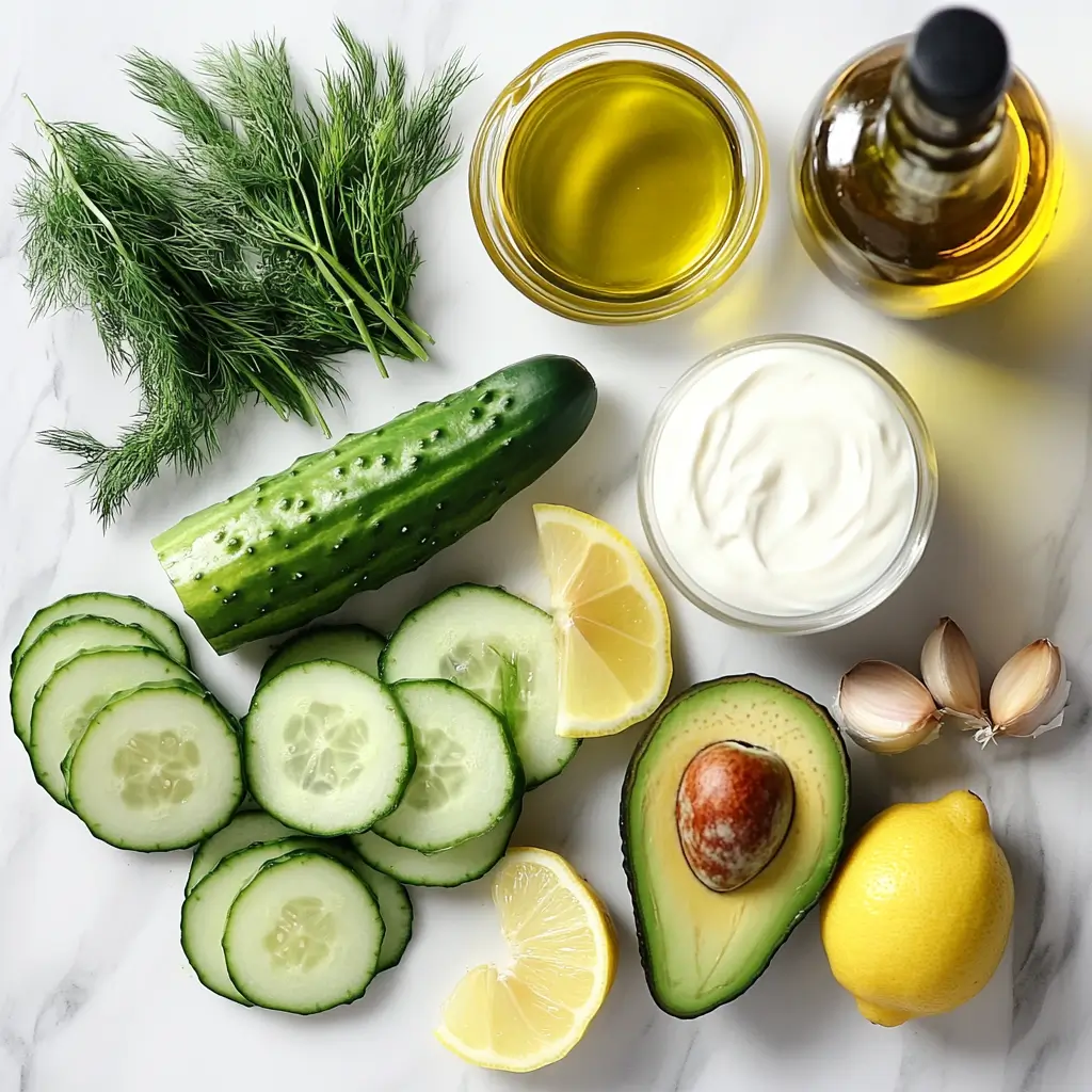 Fresh ingredients for cucumber avocado soup arranged on marble