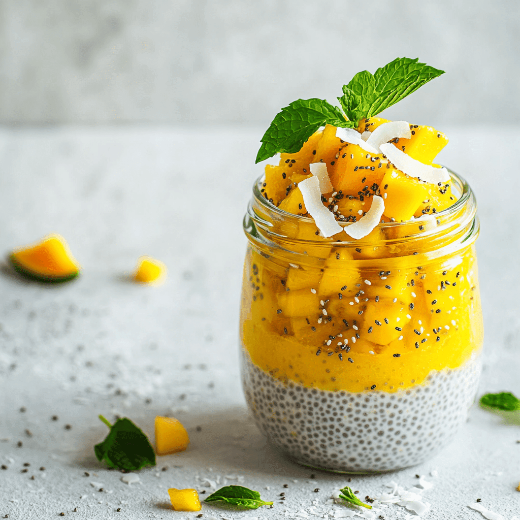 Featured mango chia seed pudding in a jar with tropical toppings