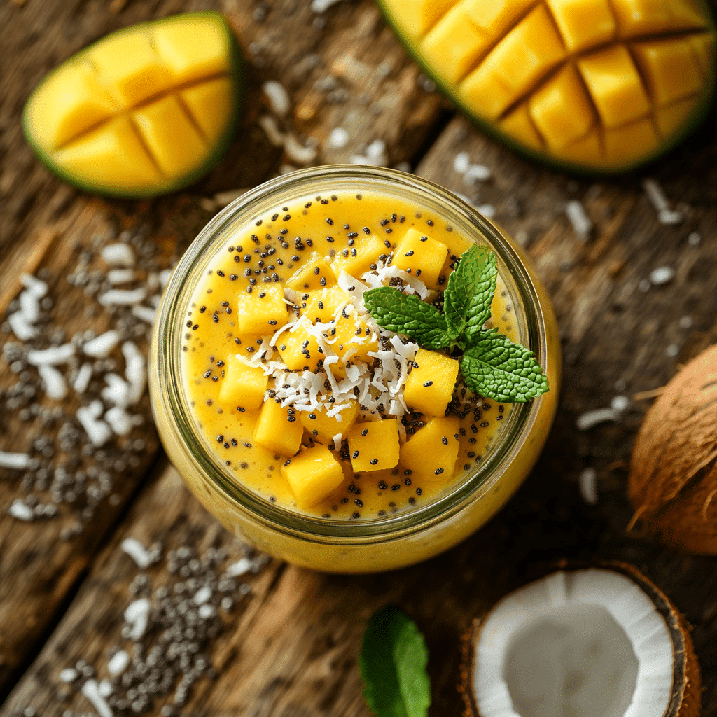 Creamy mango chia seed pudding in a jar topped with coconut and mango