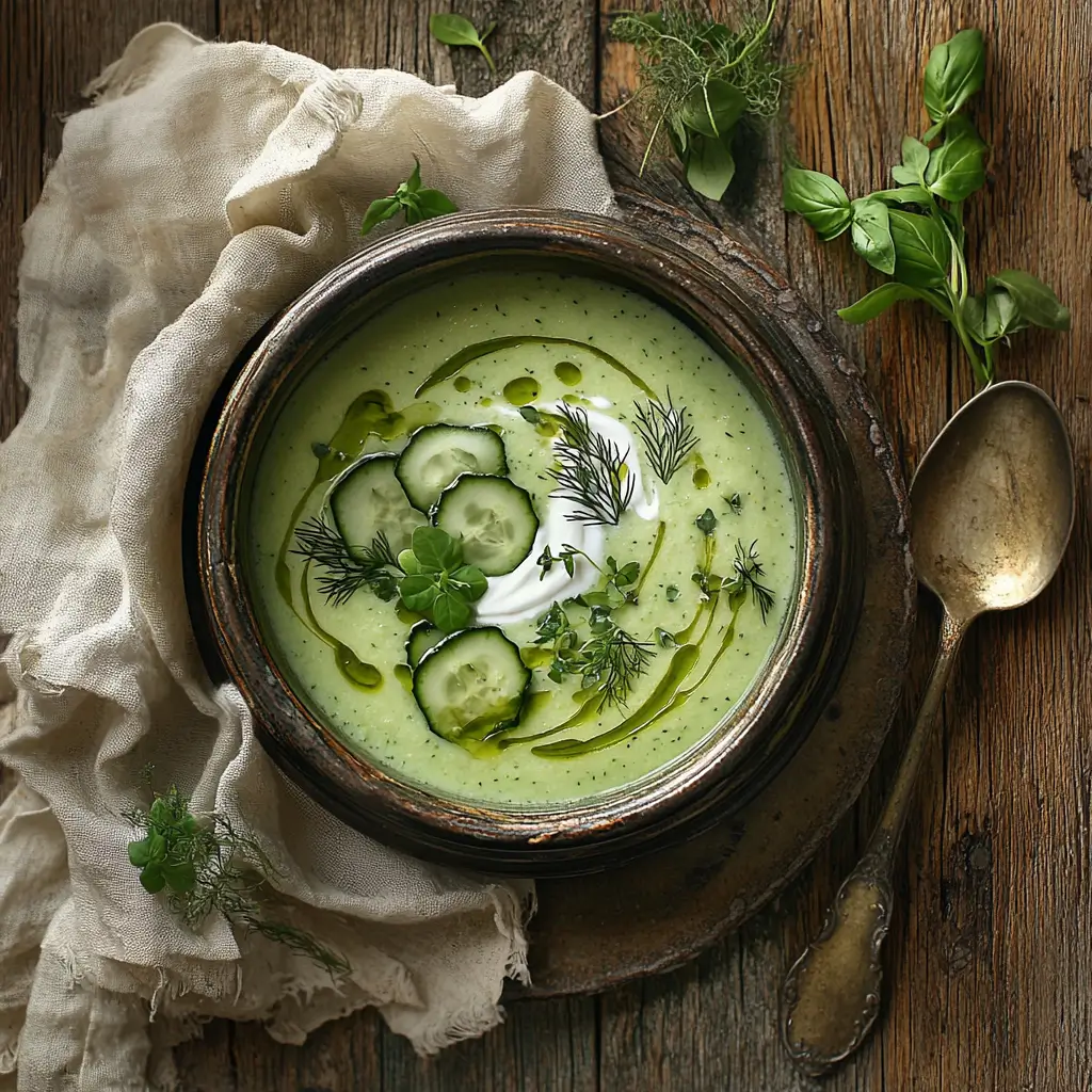 Overhead shot of cucumber avocado soup garnished with yogurt and herbs