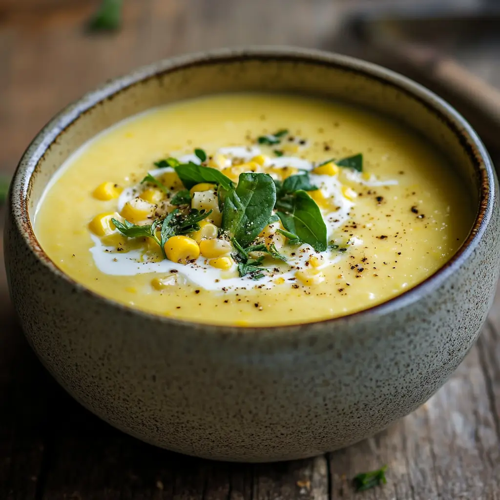 Chilled corn soup in a rustic bowl with summer herbs