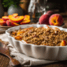 Rustic nectarine crisp with cinnamon oat pecan topping in a white ceramic dish