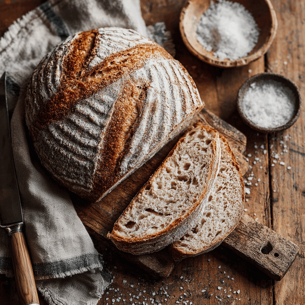 Freshly sliced gluten free sourdough bread on a wooden board